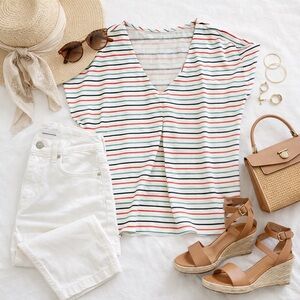 LOFT Multicolor Striped V-Neck Tee